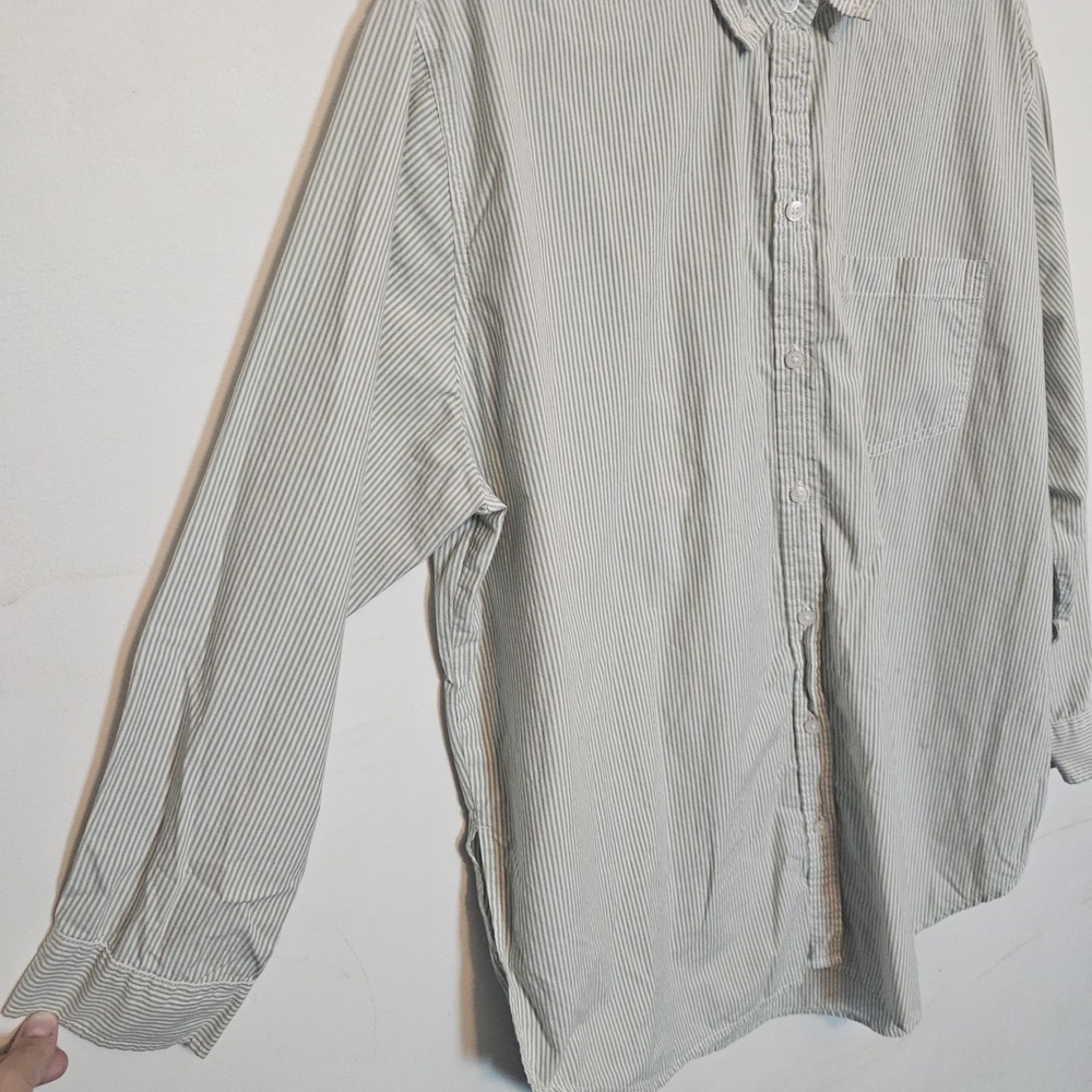American Eagle Oversized Striped Sage Green Button up Shirt Large Resort Cotton - Picture 4 of 11